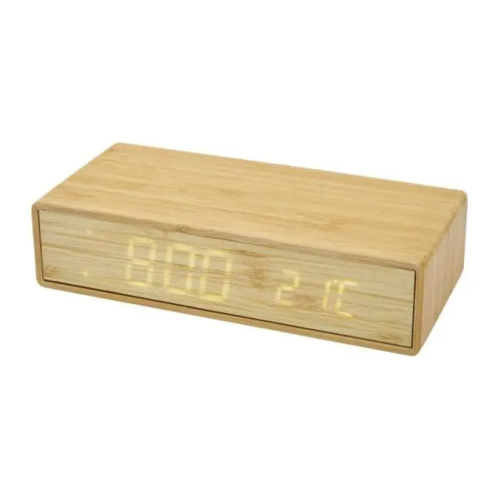 Promotional bamboo wireless charger with clock with printed logo