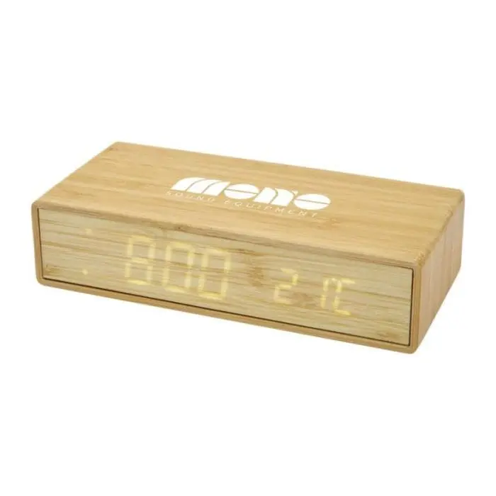 Promotional bamboo wireless charger with clock printed with logo