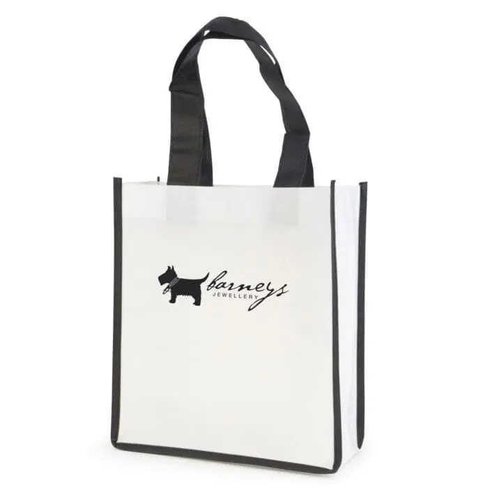 Promotional mini contrast shopper bag in white with black trim and printed logo