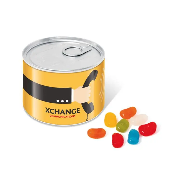 Branded mini ring pull tin with jolly beans sweets and printed logo