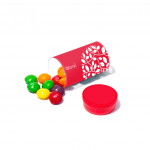 Branded mini tube with red lid filled with Skittles sweets and printed logo