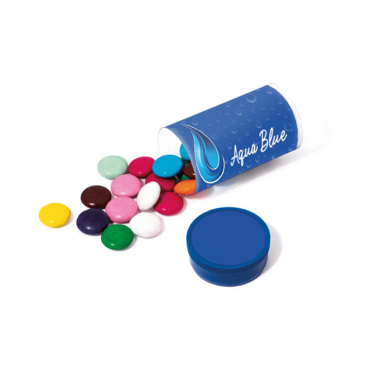 Promotional mini tube with blue lid filled with beanies sweets and printed logo