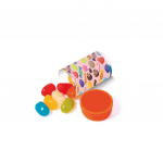 Promotional mini tube with orange lid filled with jolly beans sweets and printed logo