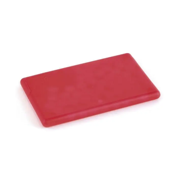 Rectangle shaped plastic mint container in red with printed logo and filled with mints