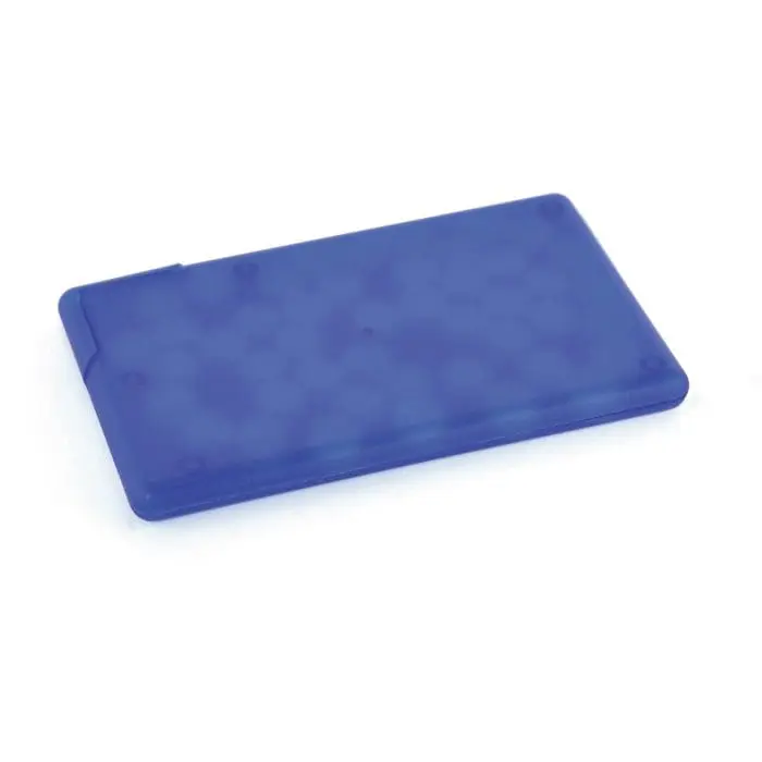 Branded dark blue plastic mint container with printed logo and filled with mints