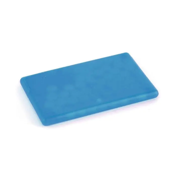 Blue rectangle shaped plastic mint container with printed logo and filled with mints