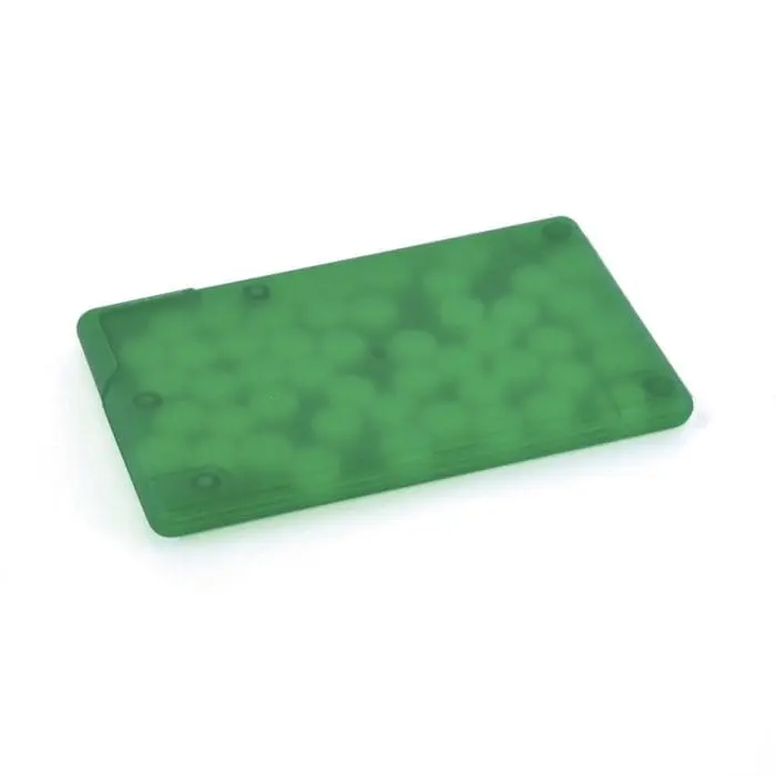 Green rectangle shaped plastic mint container with printed logo and filled with mints