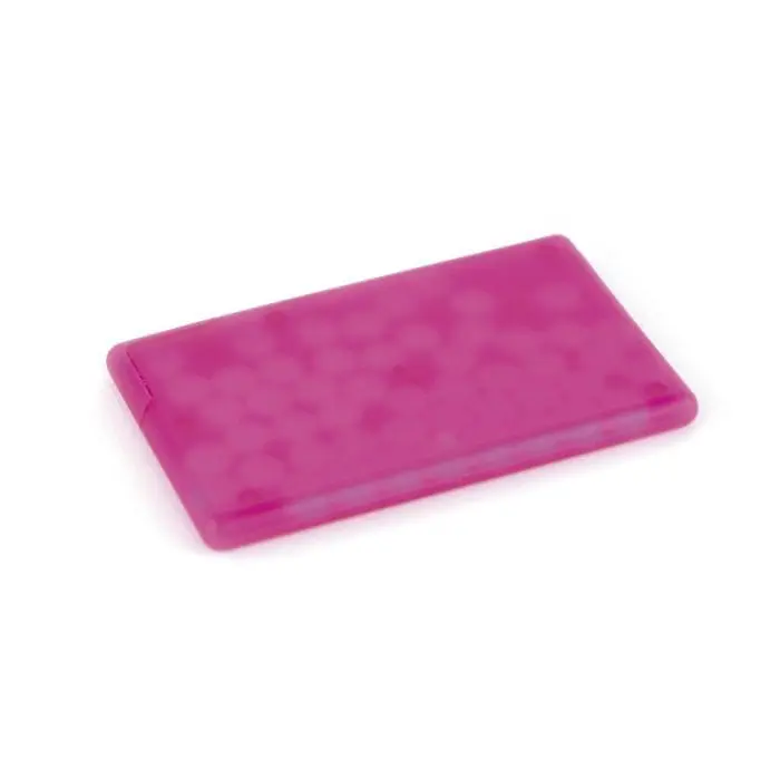 Branded rectangle shaped plastic mint container in pink with printed logo on front