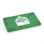 Branded translucent green plastic mint card filled with mints and printed logo on front