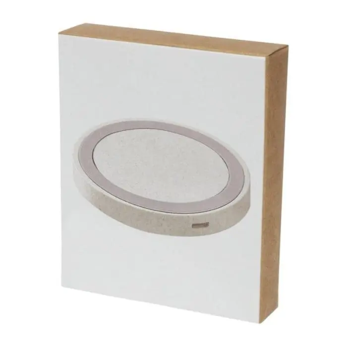 Branded wheat straw wireless charging pad in presentation box with printed logo