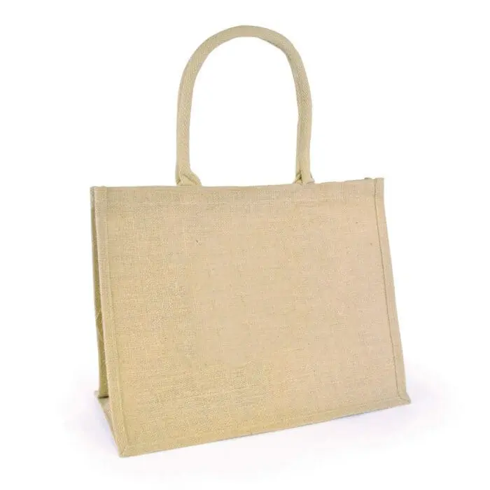 Promotional natural jute shopper bag with natural handles and trim with printed logo