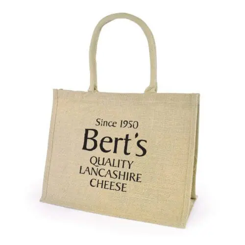 Branded natural jute shopper bag with natural handles and trim with printed logo