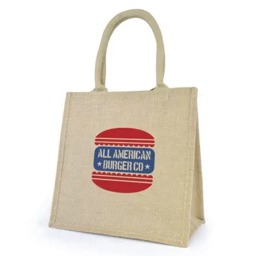 Promotional natural small shopper bag with natural handles and trim and printed logo