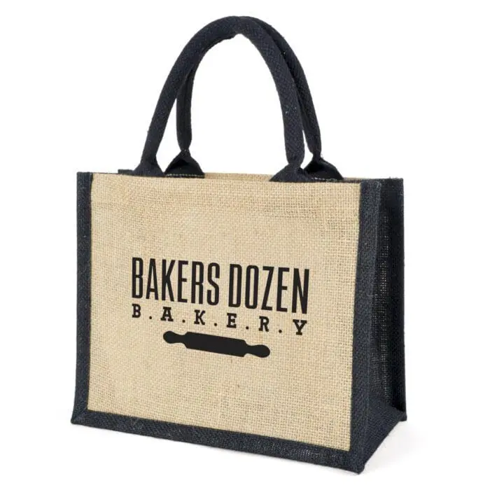 Branded natural small shopper bag with black handles and trim and printed logo