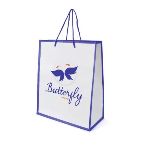 Promotional glossy paper bag in white with blue handles and trim with printed logo