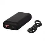 Branded black high density power bank with printed logo and cable