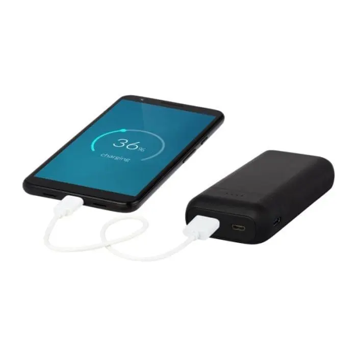 Branded black high density power bank with printed logo and cable