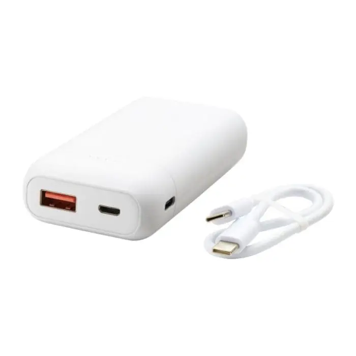 Promotional white high density power bank with cable and printed logo