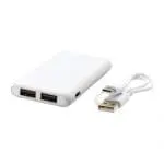 Custom-branded white plastic high density power bank with printed logo and cable