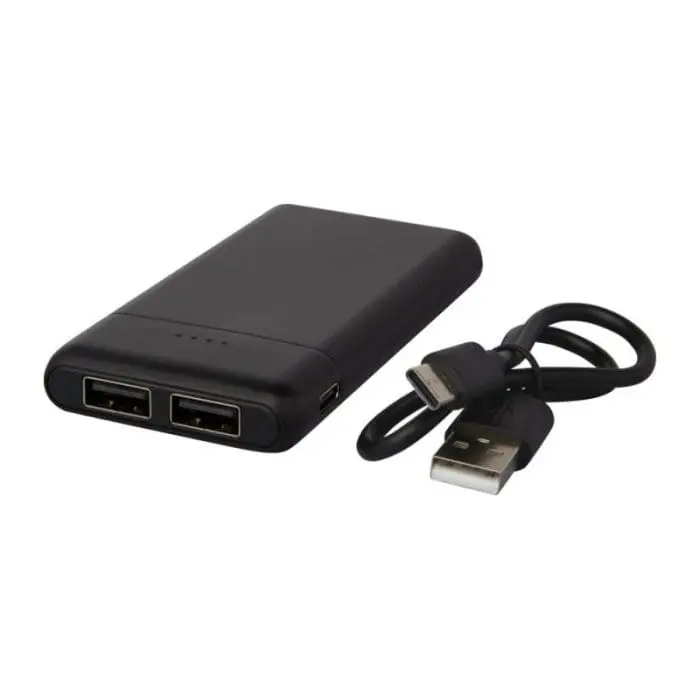 Promotional black plastic high density power bank with printed logo and cable