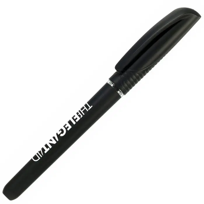 Branded office gel roller pen in black with removable cap and printed logo