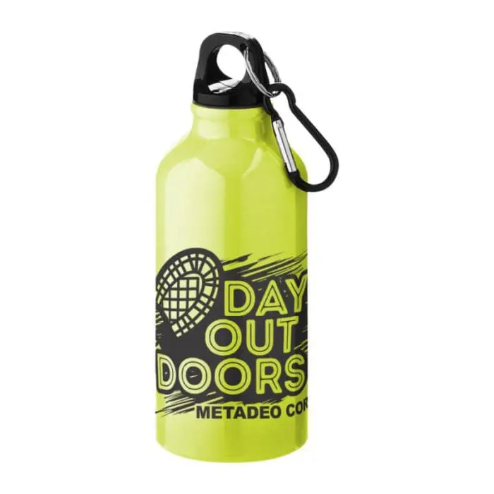 Branded Oregon Aluminium Bottle with Carabiner 400ml in yellow with printed logo or design