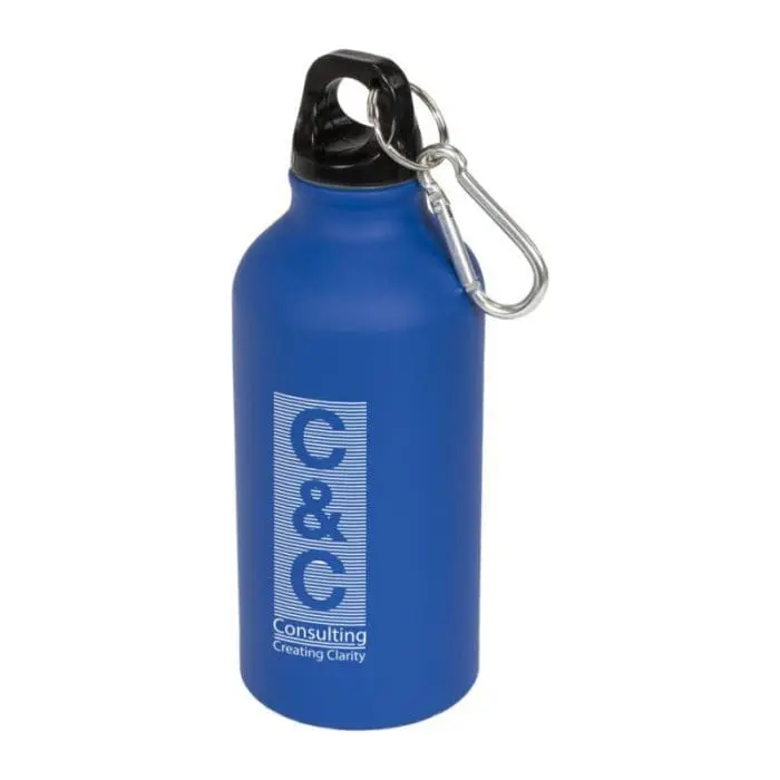 Printed Oregon Aluminium Matte Bottle 400ml in blue with carabiner and printed logo