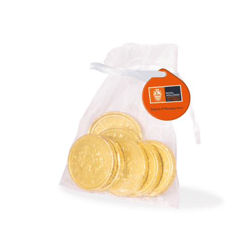 Promotional organza bag with chocolate coins and logo printed round shaped label