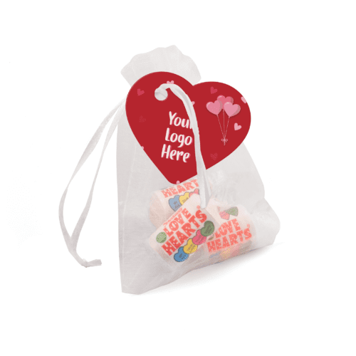 Promotional organza bag with love hearts and logo printed heart shaped label