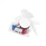 Promotional organza bag with retro sweets and logo printed round shaped label