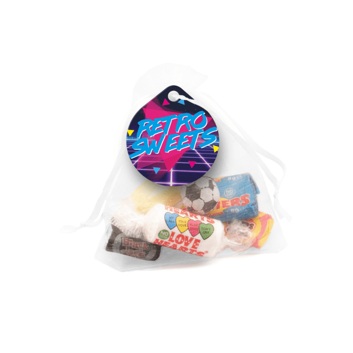 Promotional organza bag with retro sweets and logo printed round shaped label