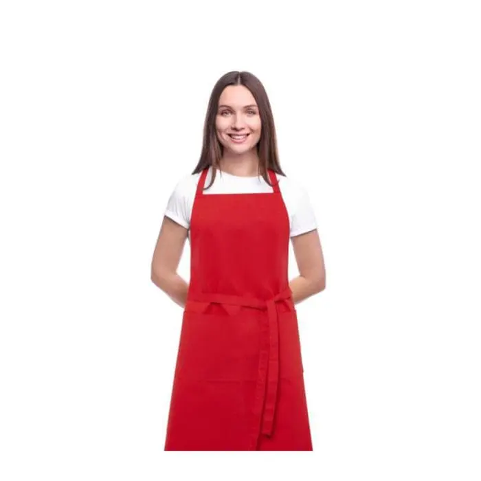 Branded Orissa GOTS Organic Cotton Apron in Red being worn