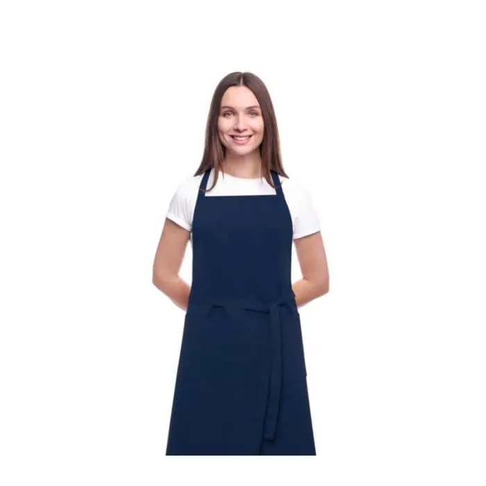 Branded Orissa GOTS Organic Cotton Apron in Navy Blue being worn