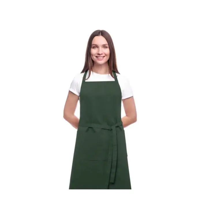 Branded Orissa GOTS Organic Cotton Apron in green being worn