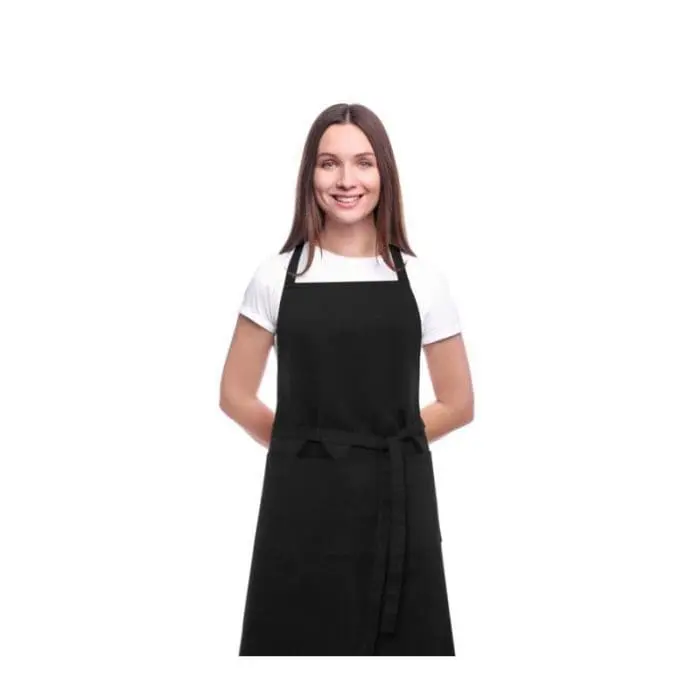 Branded Orissa GOTS Organic Cotton Apron in Black being worn