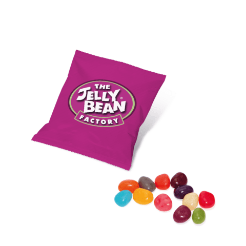 Promotional paper flow bag with jelly beans sweets and printed logo