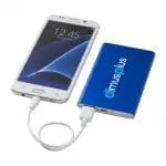 Promotional blue powerbank with printed logo and cable for smartphone