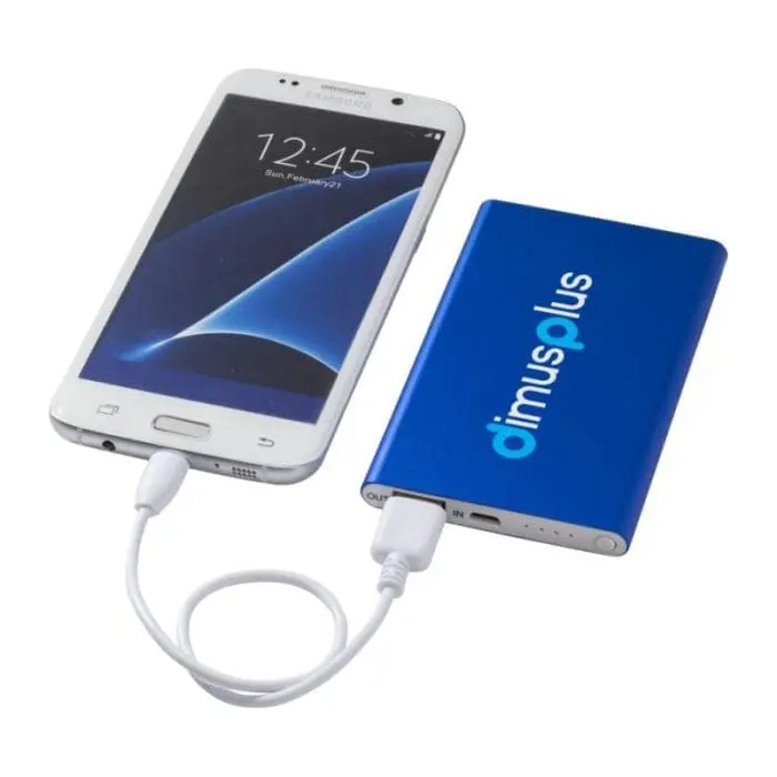 Promotional blue powerbank with printed logo and cable for smartphone