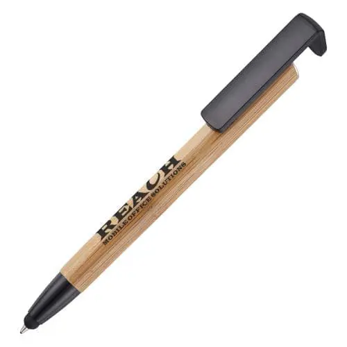 Promotional phone-up bamboo pen with black details and printed logo