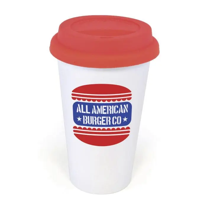 Branded Plastic Take Out Mug 375ml with Red Lid