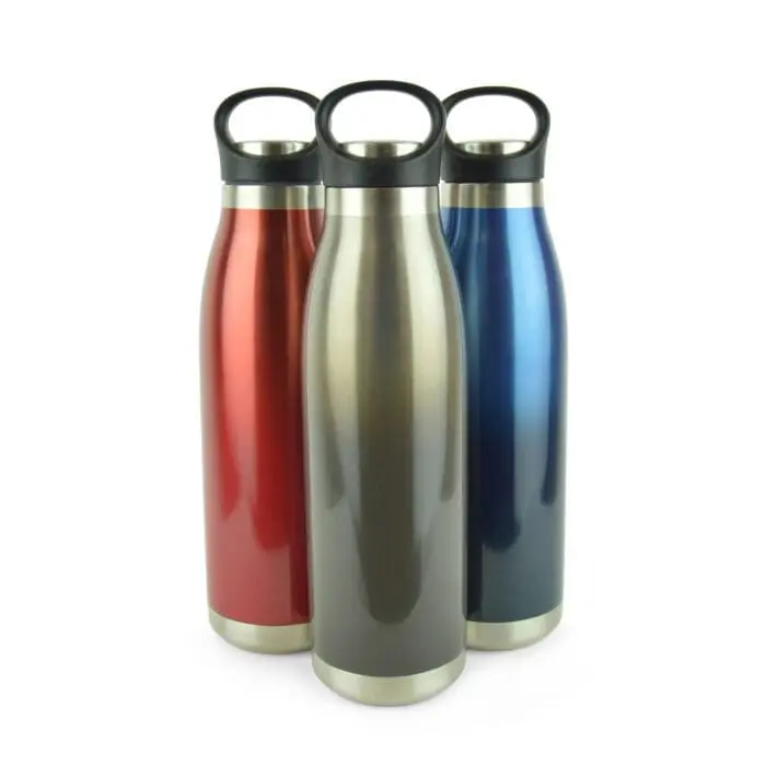 Branded metal bottle in red, silver and blue with printed logo