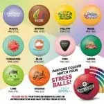 Variety of colours of promotional 70mm stress balls with printed logo