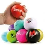 Selection of colours of promotional 70mm stress balls with printed logo