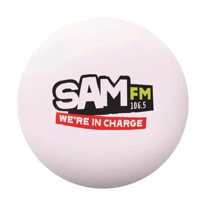 Branded premium white 70mm stress ball with printed logo