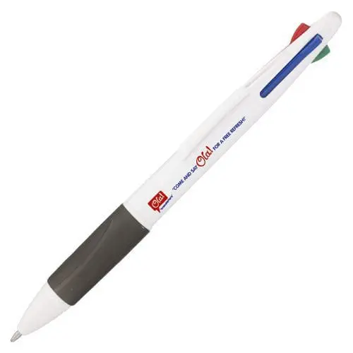 Promotional 4 colour pen with various ink colours, black barrel and printed logo