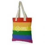 Promotional Rainbow colours cotton shopper bag with white handles and printed logo