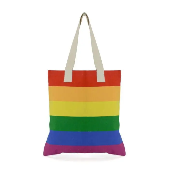 Branded Rainbow colours cotton shopper bag with white handles and printed logo