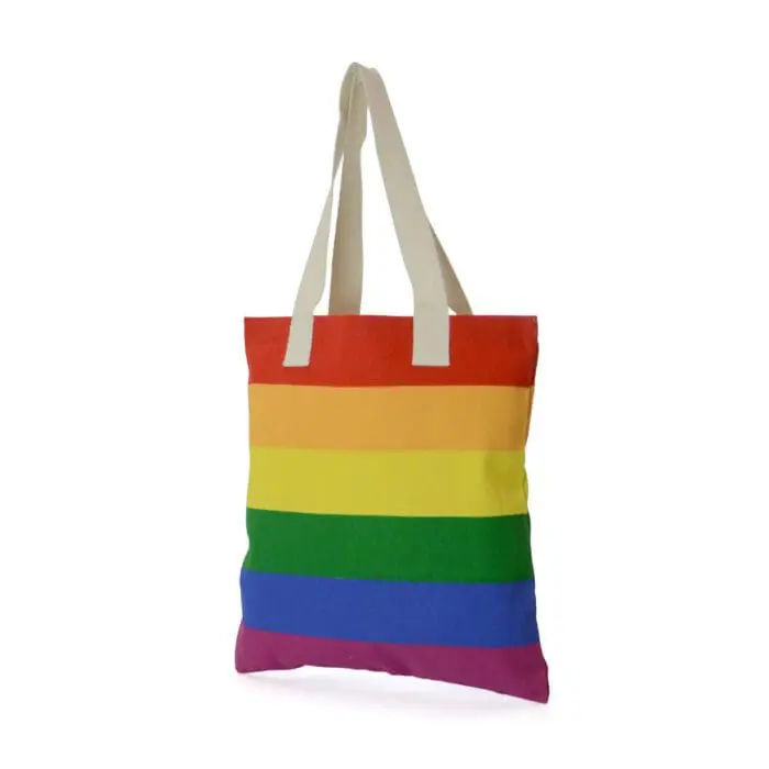 Promotional Rainbow colours cotton shopper bag with white handles and printed logo