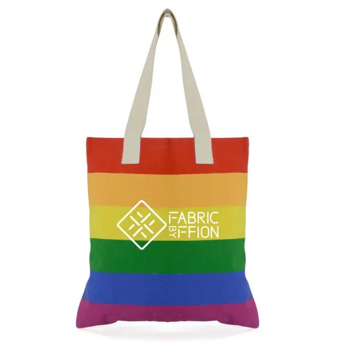 Promotional Rainbow colours cotton shopper bag with white handles and printed logo