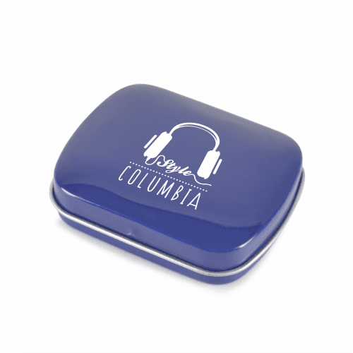 Branded rectangular mint tin with mints in navy blue with printed logo